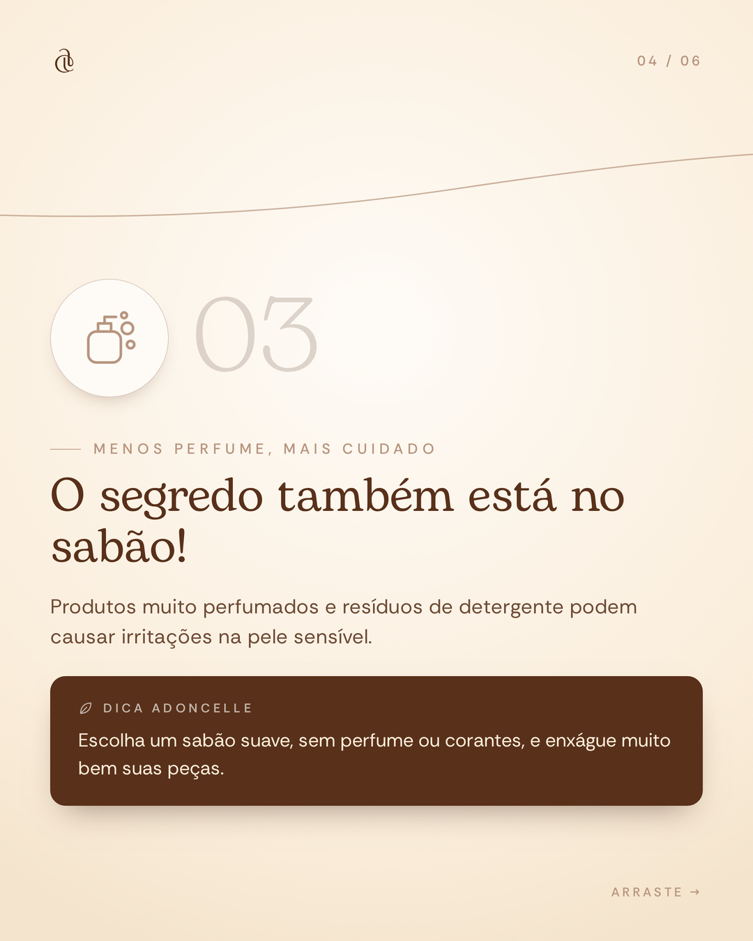 Quarto card do carrossel Adoncelle sobre cuidados com peças íntimas